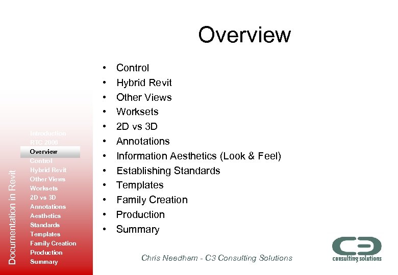 Documentation in Revit Overview Introduction RTC 2006 Overview Control Hybrid Revit Other Views Worksets
