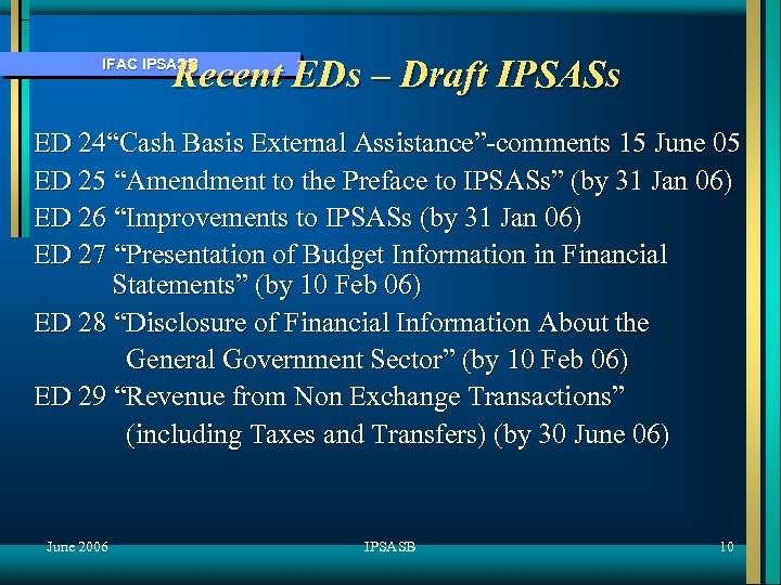 Recent EDs – Draft IPSASs IFAC IPSASB ED 24“Cash Basis External Assistance”-comments 15 June