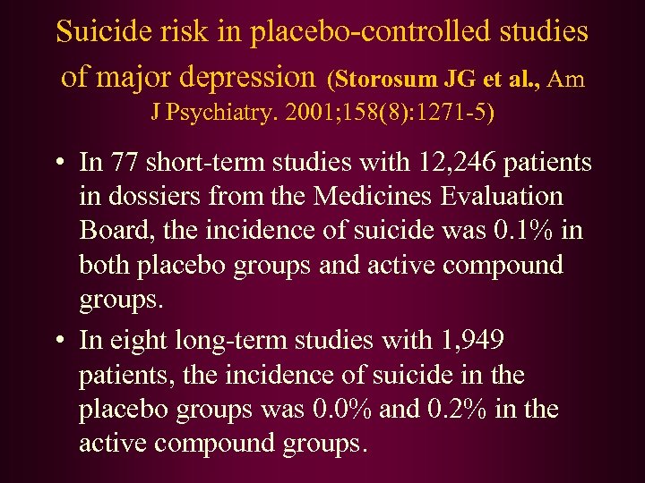 Suicide risk in placebo-controlled studies of major depression (Storosum JG et al. , Am