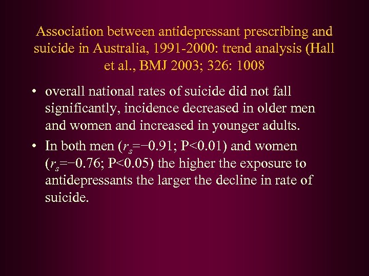 Association between antidepressant prescribing and suicide in Australia, 1991 -2000: trend analysis (Hall et