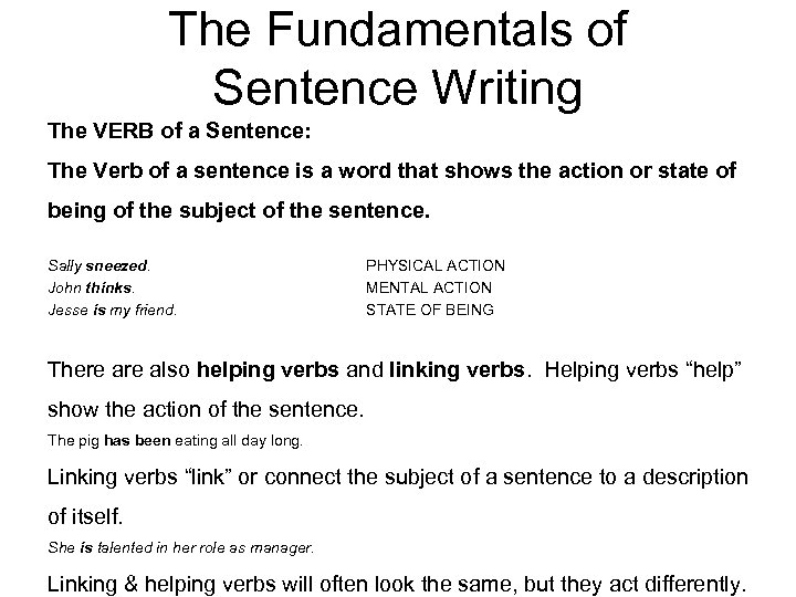 The Fundamentals of Sentence Writing The VERB of a Sentence: The Verb of a