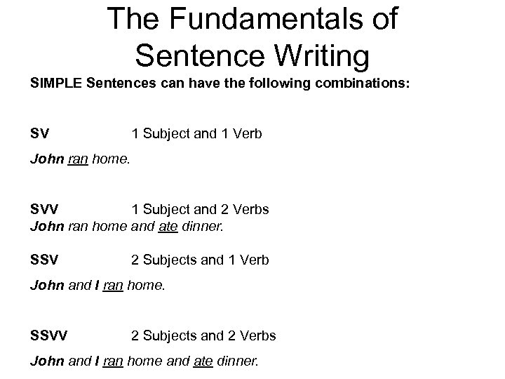 The Fundamentals of Sentence Writing SIMPLE Sentences can have the following combinations: SV 1
