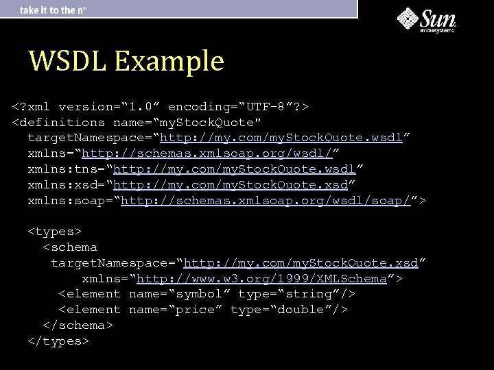 WSDL Example <? xml version=“ 1. 0” encoding=“UTF-8”? > <definitions name=“my. Stock. Quote