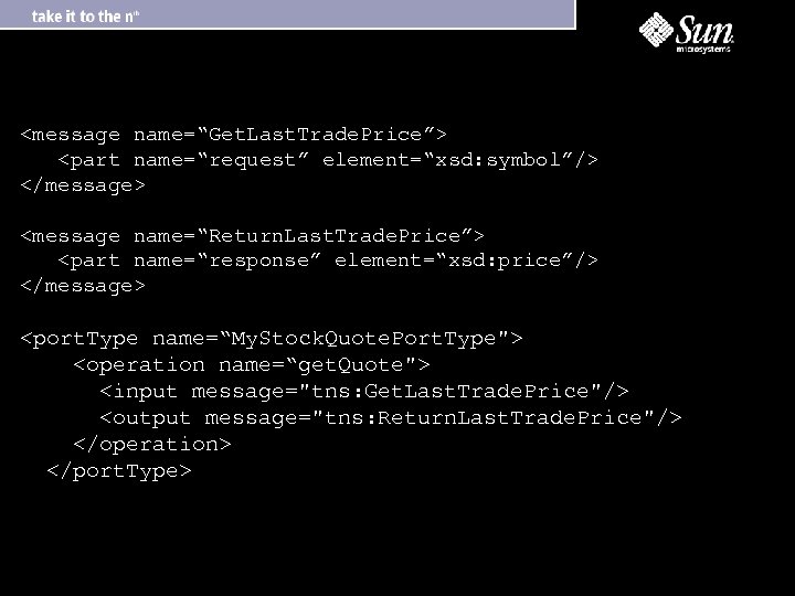 <message name=“Get. Last. Trade. Price”> <part name=“request” element=“xsd: symbol”/> </message> <message name=“Return. Last. Trade.