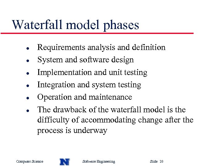 Waterfall model phases l l l Requirements analysis and definition System and software design