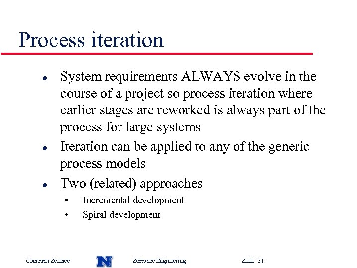 Process iteration l l l System requirements ALWAYS evolve in the course of a