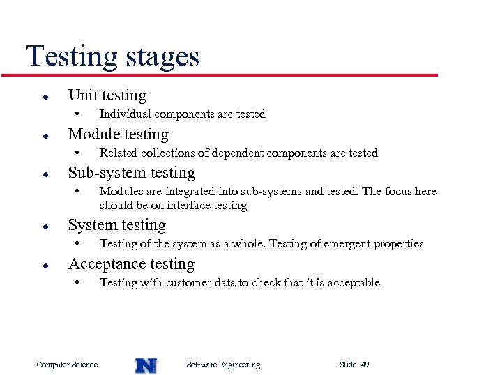 Testing stages l Unit testing • l Modules are integrated into sub-systems and tested.