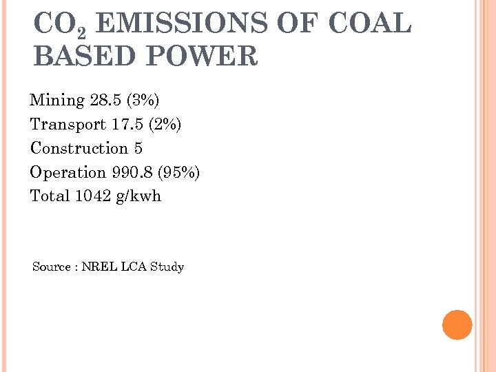 CO 2 EMISSIONS OF COAL BASED POWER Mining 28. 5 (3%) Transport 17. 5
