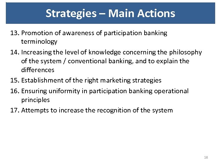 Strategies – Main Actions 13. Promotion of awareness of participation banking terminology 14. Increasing