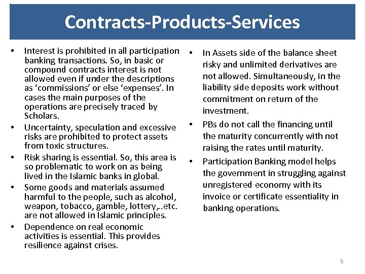 Contracts-Products-Services • • • Interest is prohibited in all participation banking transactions. So, in