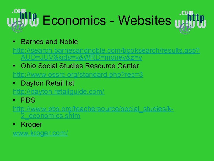 Economics - Websites • Barnes and Noble http: //search. barnesandnoble. com/booksearch/results. asp? AUD=JUV&kids=y&WRD=money&z=y •