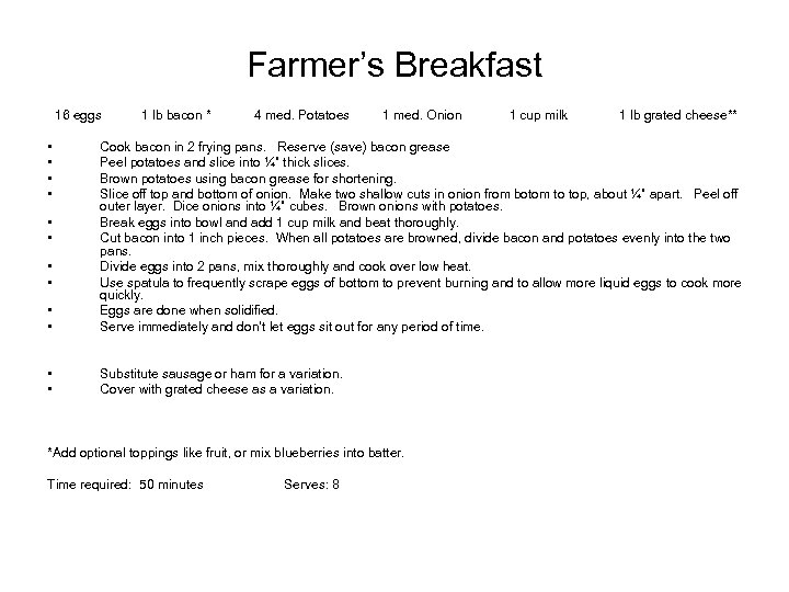 Farmer’s Breakfast 16 eggs • • 1 lb bacon * 4 med. Potatoes 1