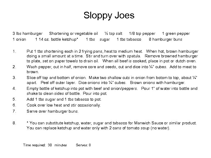 Sloppy Joes 3 lbs hamburger Shortening or vegetable oil ½ tsp salt 1/8 tsp