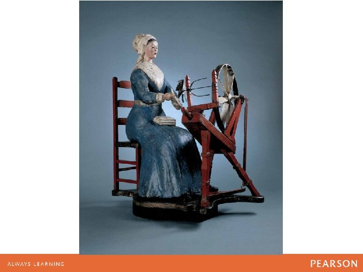 A woman at a spinning wheel. 