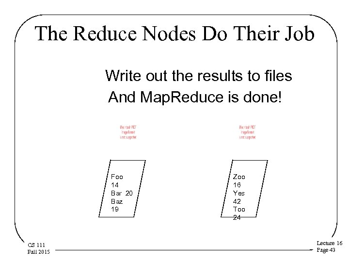 The Reduce Nodes Do Their Job Write out the results to files And Map.