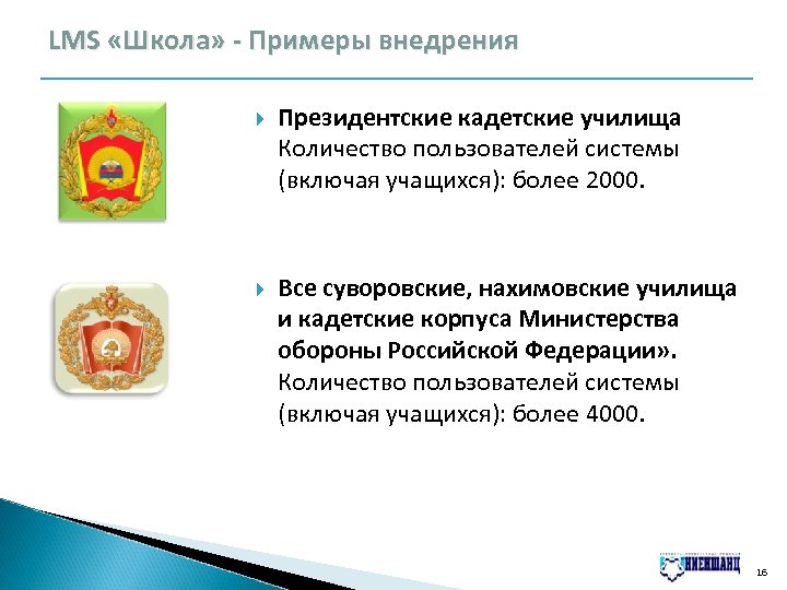 LMS «Школа» - Примеры внедрения Президентские кадетские училища Количество пользователей системы (включая учащихся): более