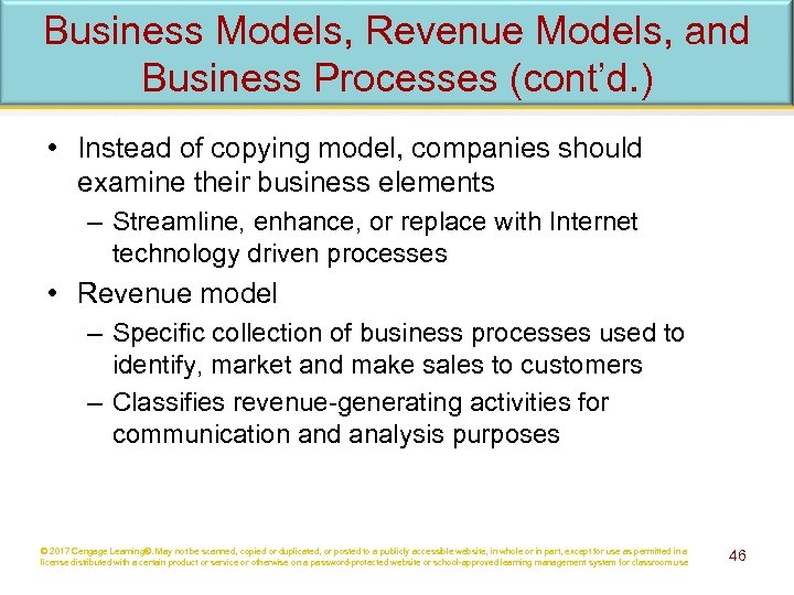 Business Models, Revenue Models, and Business Processes (cont’d. ) • Instead of copying model,
