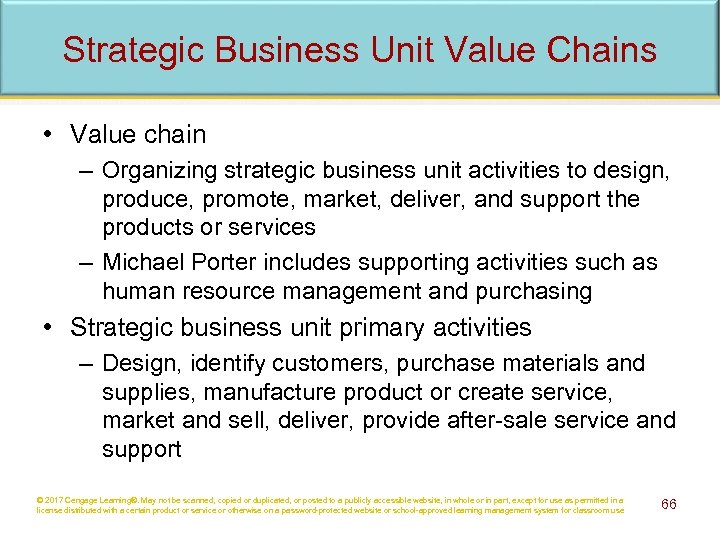 Strategic Business Unit Value Chains • Value chain – Organizing strategic business unit activities