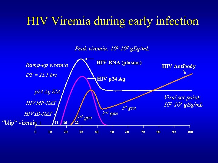 HIV Viremia during early infection Peak viremia: 106 -108 g. Eq/m. L HIV RNA