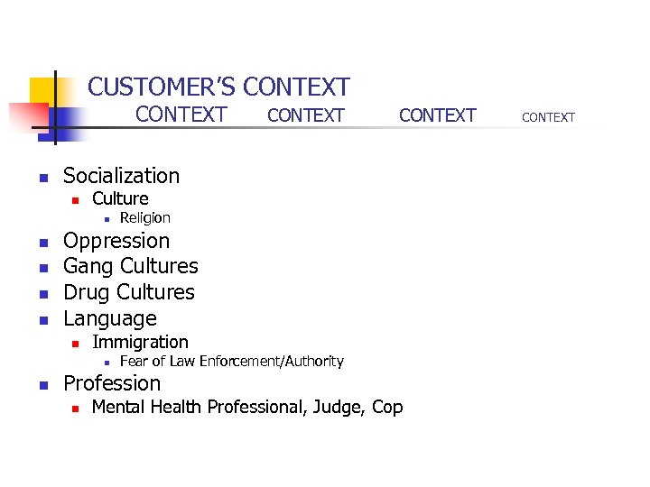 CUSTOMER’S CONTEXT n Culture n n Religion Oppression Gang Cultures Drug Cultures Language n