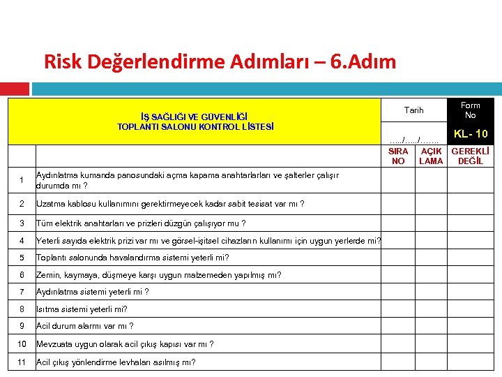 RİSK DEĞERLENDİRİLMESİ Risk Değerlendirme Adımları – 6. Adım Form No Tarih İŞ SAĞLIĞI VE