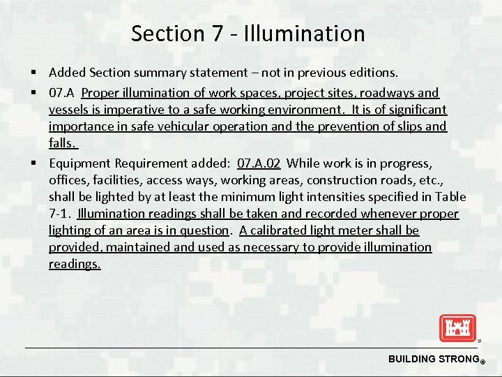 Section 7 - Illumination § Added Section summary statement – not in previous editions.