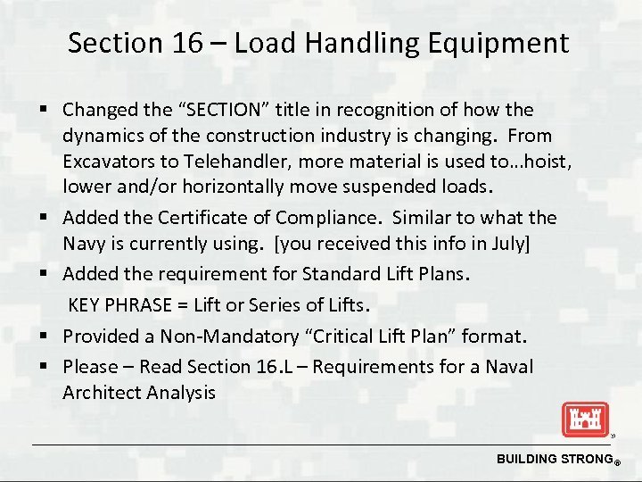 Section 16 – Load Handling Equipment § Changed the “SECTION” title in recognition of