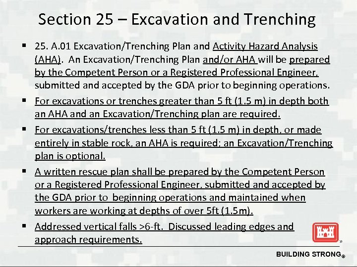 Section 25 – Excavation and Trenching § 25. A. 01 Excavation/Trenching Plan and Activity