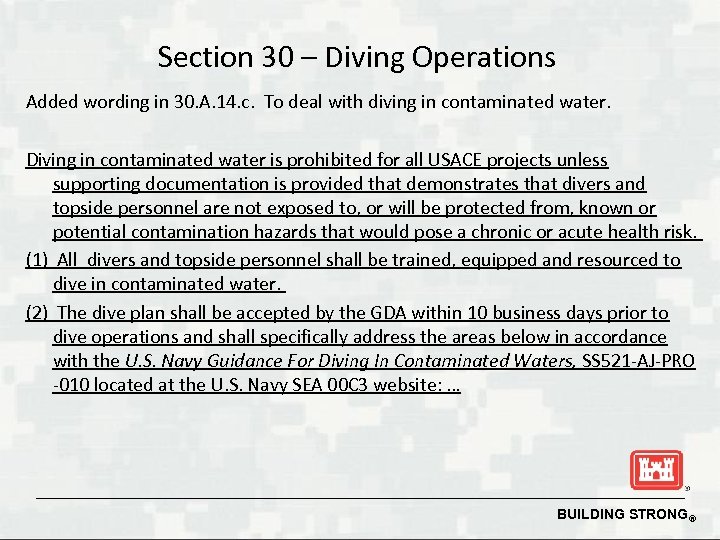 Section 30 – Diving Operations Added wording in 30. A. 14. c. To deal