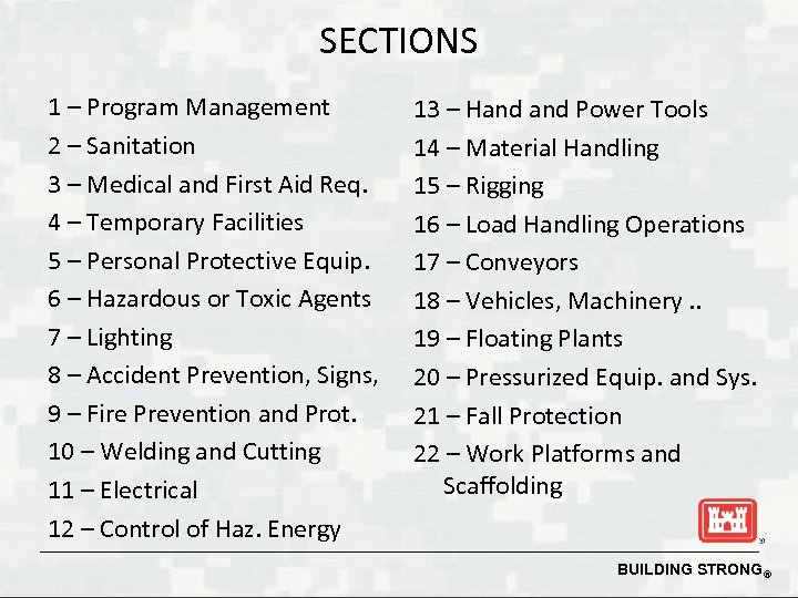 SECTIONS 1 – Program Management 2 – Sanitation 3 – Medical and First Aid