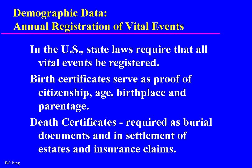 Demographic Data: Annual Registration of Vital Events In the U. S. , state laws