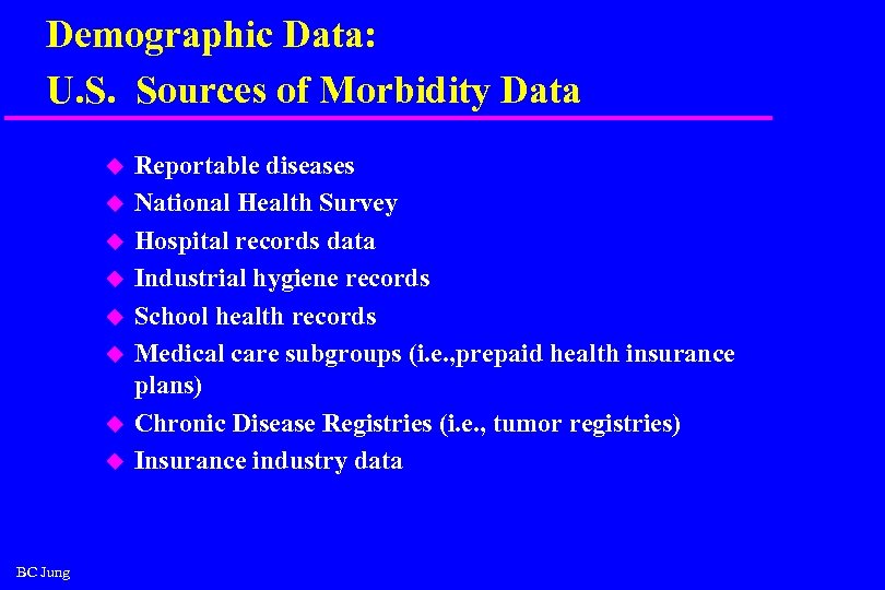 Demographic Data: U. S. Sources of Morbidity Data u u u u BC Jung