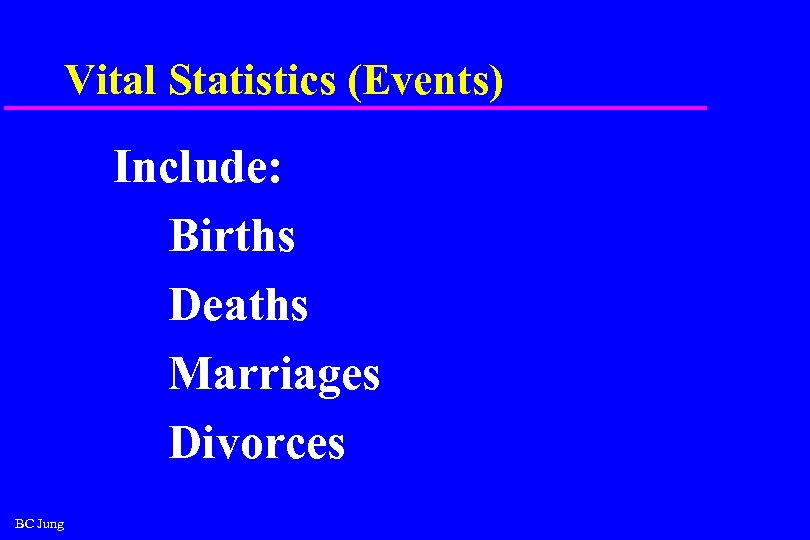 Vital Statistics (Events) Include: Births Deaths Marriages Divorces BC Jung 