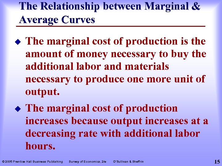 The Relationship between Marginal & Average Curves u The marginal cost of production is