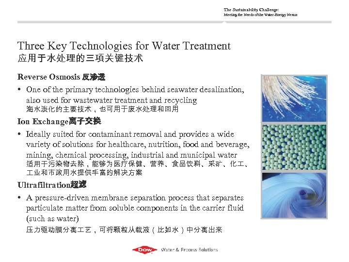 The Sustainability Challenge: Meeting the Needs of the Water-Energy Nexus Three Key Technologies for