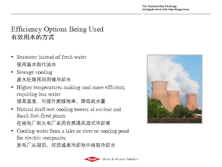 The Sustainability Challenge: Meeting the Needs of the Water-Energy Nexus Efficiency Options Being Used