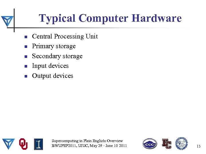 Typical Computer Hardware n n n Central Processing Unit Primary storage Secondary storage Input