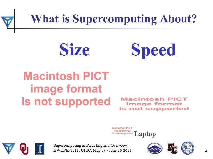 What is Supercomputing About? Size Speed Laptop Supercomputing in Plain English: Overview BWUPEP 2011,