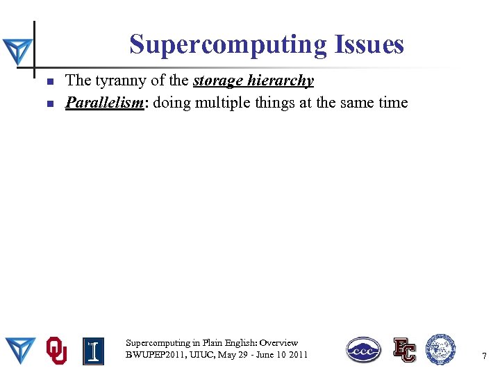 Supercomputing Issues n n The tyranny of the storage hierarchy Parallelism: doing multiple things