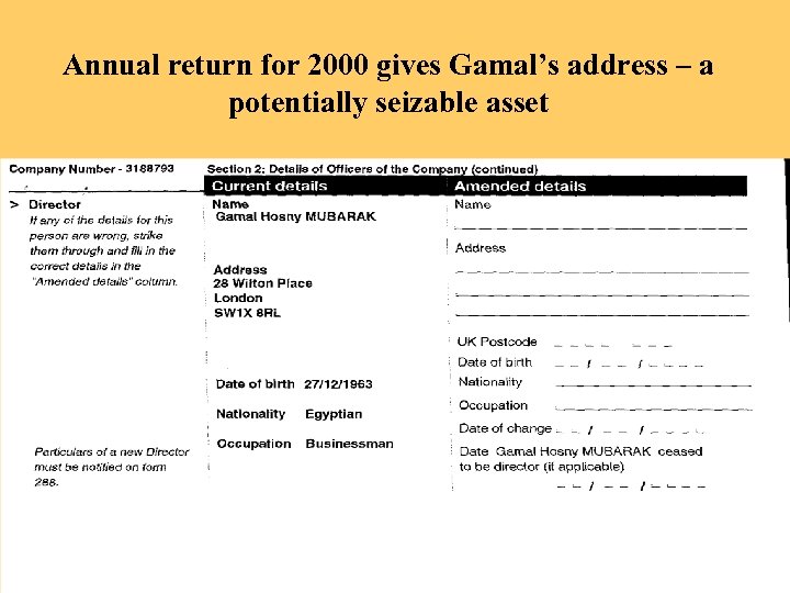 Annual return for 2000 gives Gamal’s address – a potentially seizable asset 