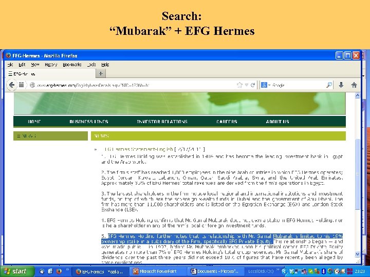 Search: “Mubarak” + EFG Hermes 