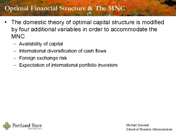 Optimal Financial Structure & The MNC • The domestic theory of optimal capital structure