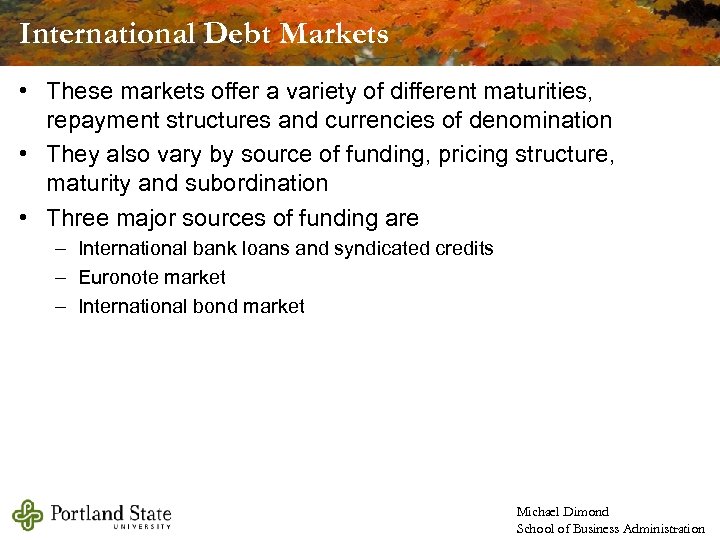 International Debt Markets • These markets offer a variety of different maturities, repayment structures