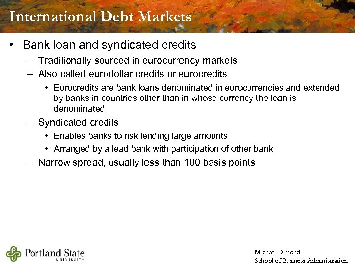 International Debt Markets • Bank loan and syndicated credits – Traditionally sourced in eurocurrency
