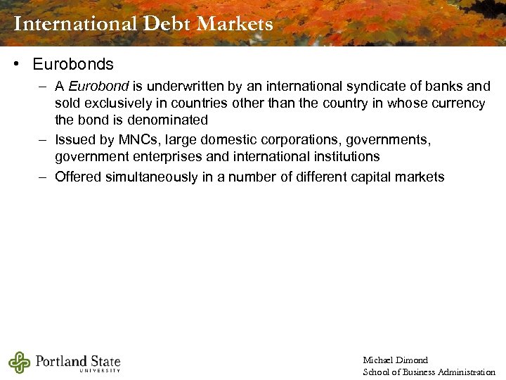International Debt Markets • Eurobonds – A Eurobond is underwritten by an international syndicate