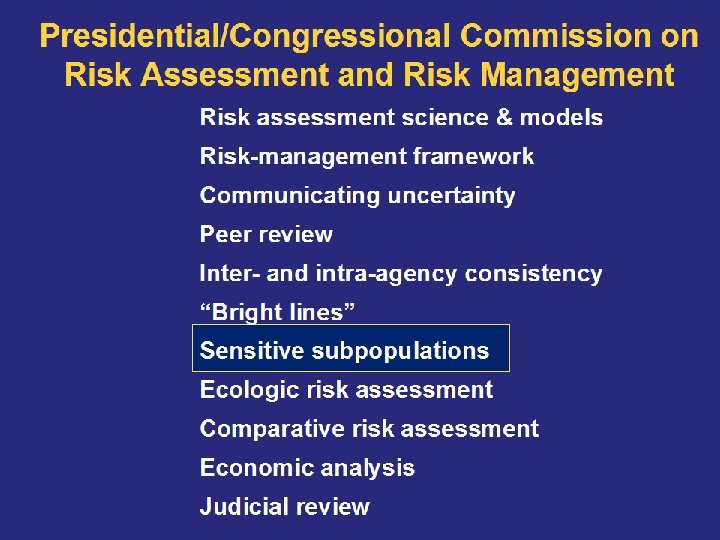 Presidential/Congressional Commission on Risk Assessment and Risk Management Risk assessment science & models Risk-management