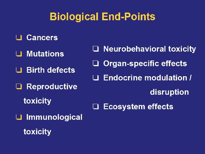 Biological End-Points Cancers Mutations Birth defects Reproductive toxicity Immunological toxicity Neurobehavioral toxicity Organ-specific effects