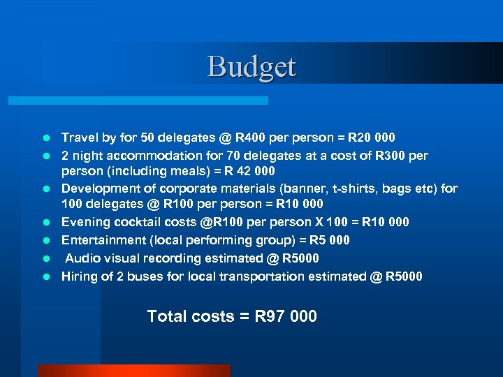 Budget l l l l Travel by for 50 delegates @ R 400 person