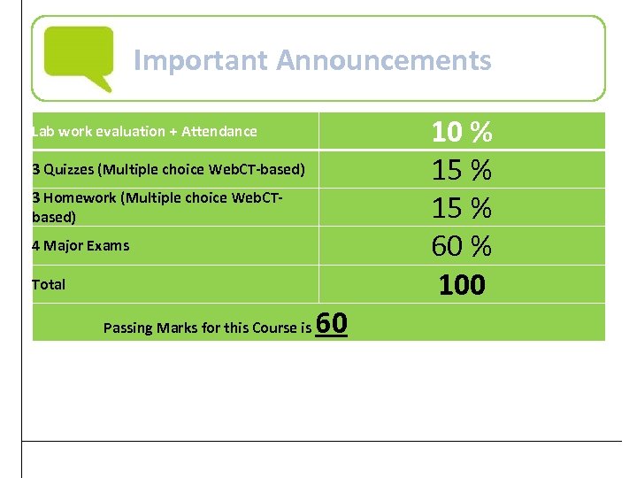 Important Announcements Lab work evaluation + Attendance 3 Quizzes (Multiple choice Web. CT-based) 3