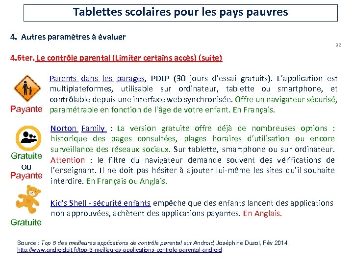 Tablettes scolaires pour les pays pauvres 4. Autres paramètres à évaluer 32 4. 6